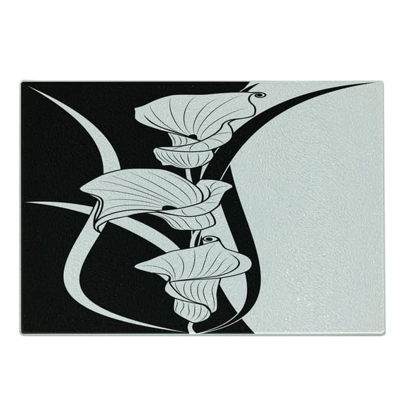 Art Nouveau Cutting Board, Crevalle Blossom Background in Contrasting Tones Illustration, Decorative Tempered Glass Cutting and Serving Board, Small Size, Black and White, by Ambesonne