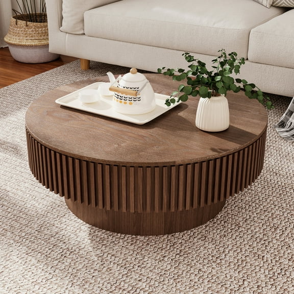 Noble House Leigh 31.5'' Round Modern Coffee Table with Hidden Storage, Solid Wood Veneer, Accent Tea Table, Walnut