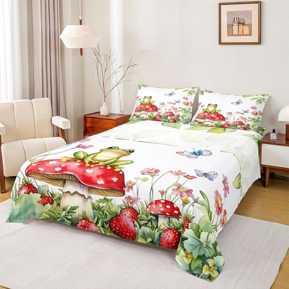 Erosebridal Mushroom Bed Sheets Set King,Boho Frog Mushroom Sheet Set Teens,Cartoon Wild Plant Bed Set,Strawberry Floral Decor Red Green Bedding Set Farmhouse Room Decor,4 Piece