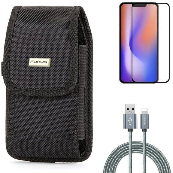 Screen Protector & Case Belt Clip & 10ft USB Cable for iPhone 13/Pro ONLY - Anti-Glare Tempered Glass Matte   Rugged Holster Canvas   Charger Cord Power Wire Combo