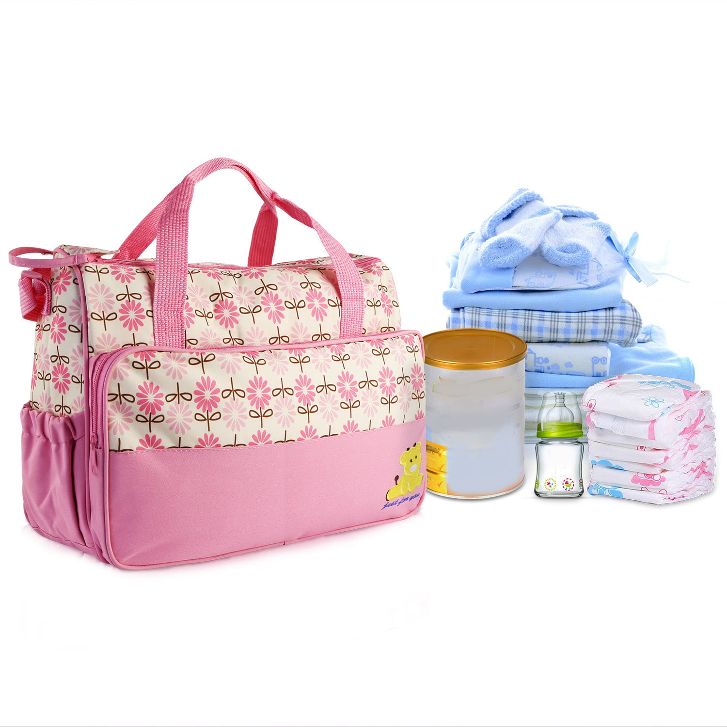 5Pcs Tote Diaper Bag TeqHome Nappy Changing Bag Adjustable Shoulder Strap Mummy Bag with Bottle Holder Pink