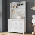 thumbnail image 1 of AngLink Large Kitchen Pantry Cabinet, Storage Hutch with Microwave Stand & Wine Rack, Freestanding Kitchen Cupboard Buffet Bar Cabinet with Barn Door & Open Shelves for Home (White), 1 of 16