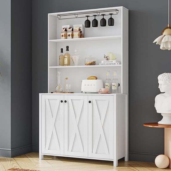 AngLink Large Kitchen Pantry Cabinet, Storage Hutch with Microwave Stand & Wine Rack, Freestanding Kitchen Cupboard Buffet Bar Cabinet with Barn Door & Open Shelves for Home (White)