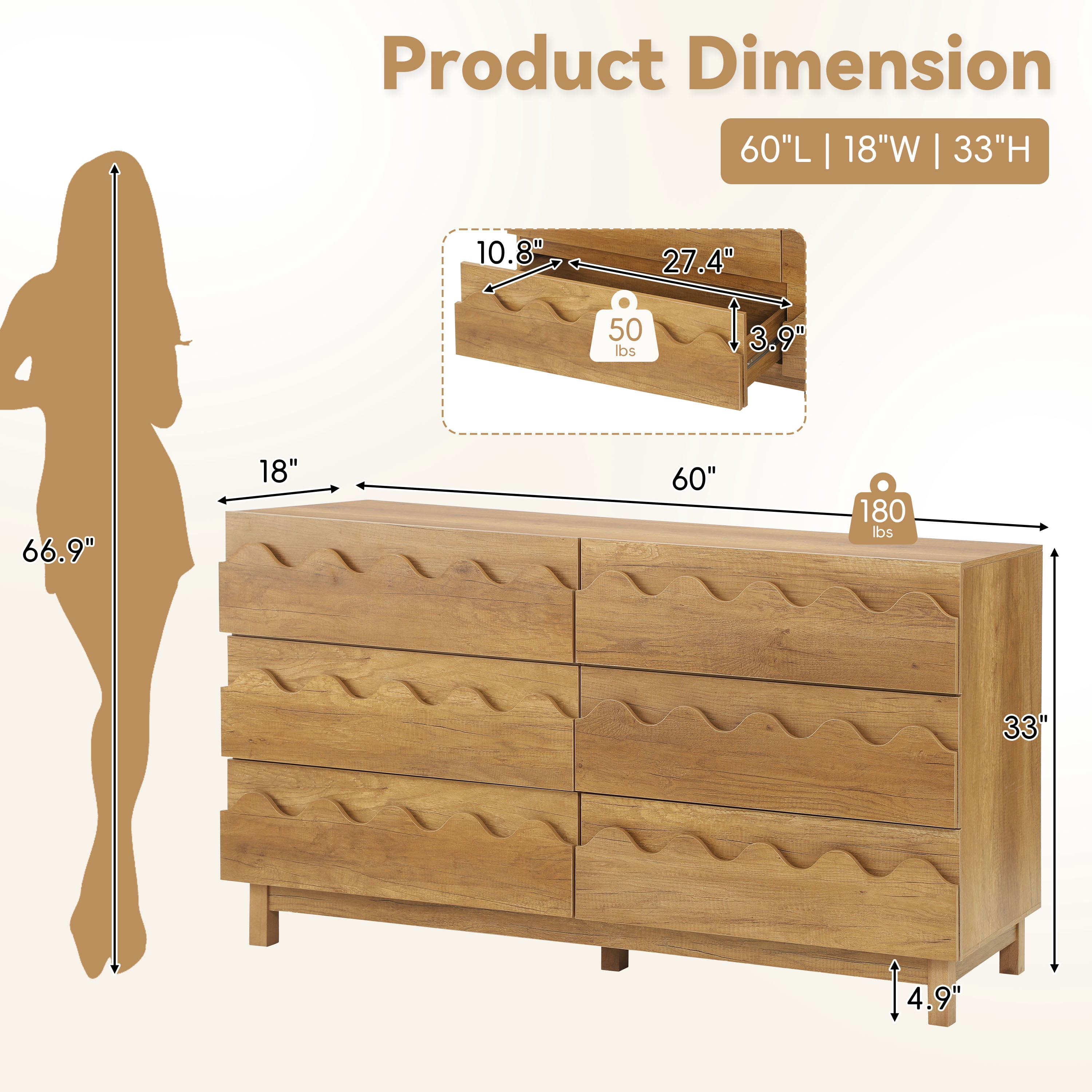 Alvantor 6 Drawer Dresser, 60" Wide Wooden Chest of Drawers, Fluted Dresser for Bedroom Oak