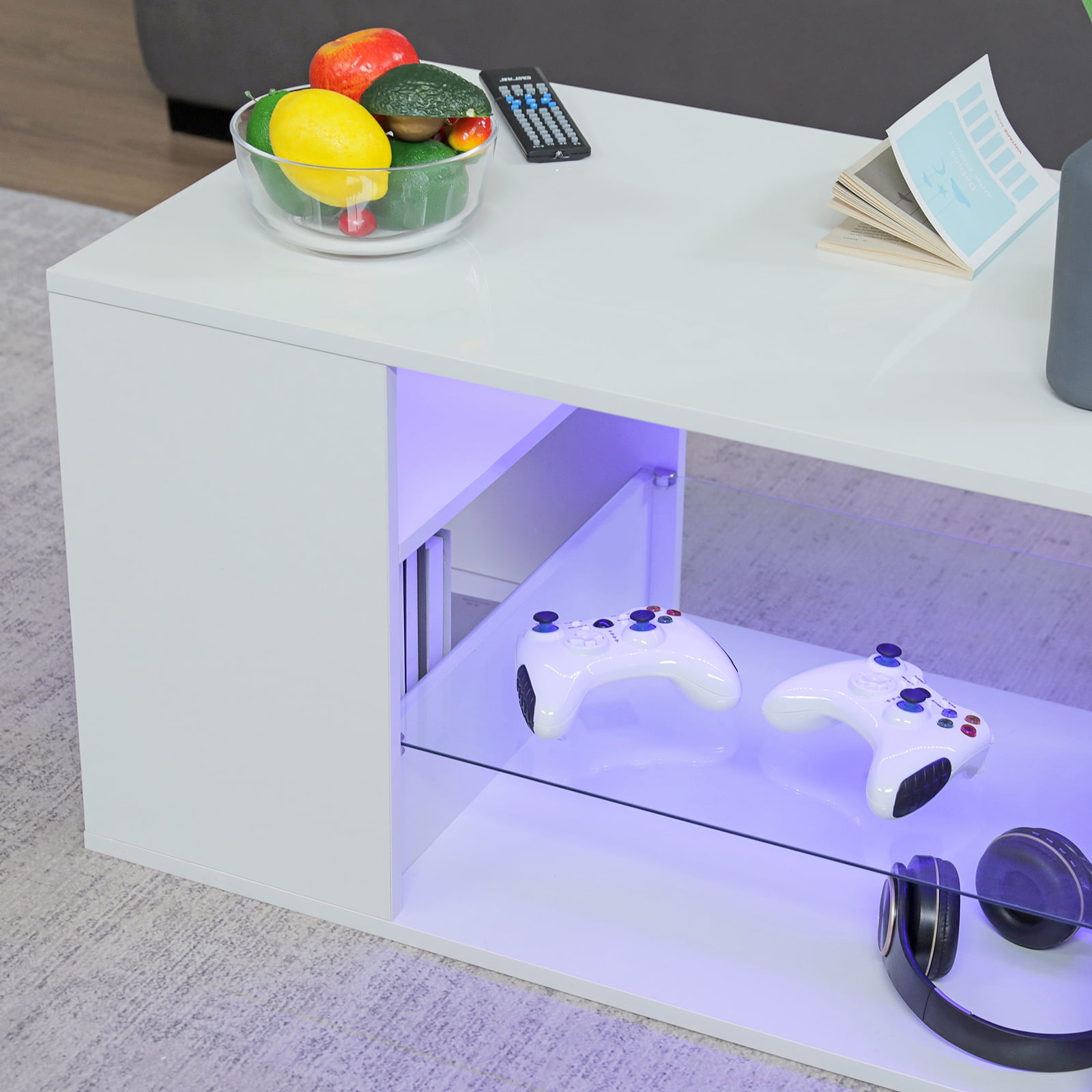 Hommpa White Coffee Table LED Coffee Table with Storage Modern Living Room Table Glass Open Shelves Rectangle Cocktail Center Tables High Gloss