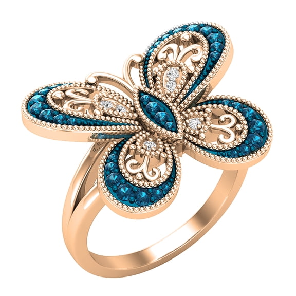 Dazzlingrock Collection 0.30 Carat (ctw) Round Blue & White Diamond Butterfly Cocktail Right Hand Ring for Women in 10K Rose Gold, Size 6