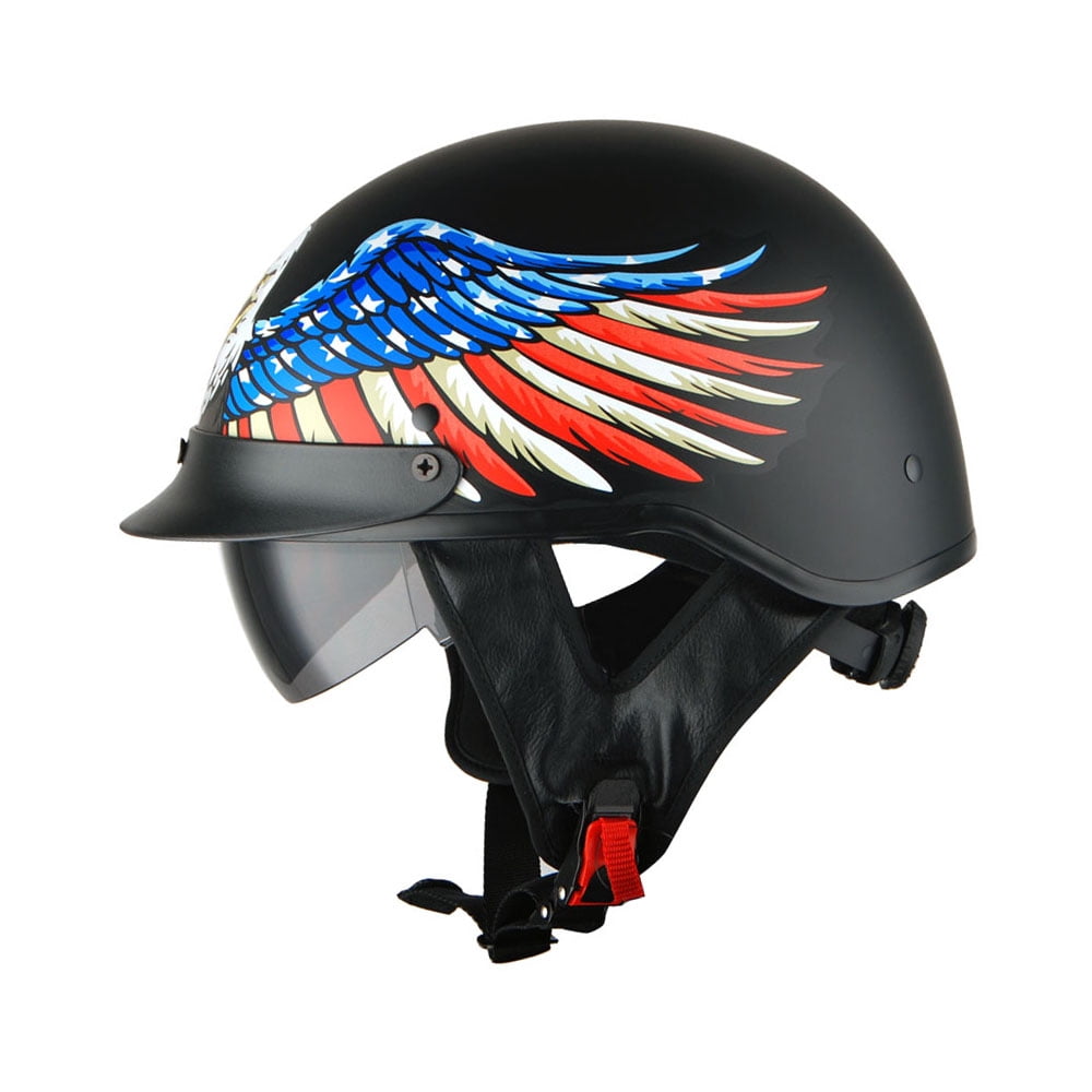 1Storm Motorcycle Half Face Helmet Mopeds Scooter Pilot with retractable Inner Smoked Visor HKY205V, Eagle Black