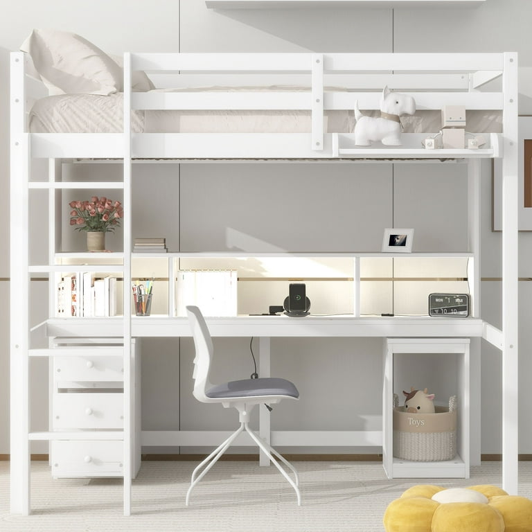 Twin Size Loft Bed with Built-in Desk, Storage Shelves and Drawers, White - ModernLuxe