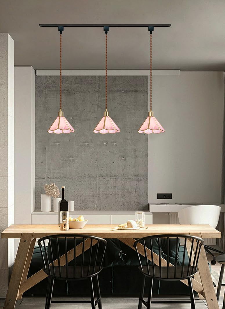 KAYYELAMP Set of 3 H-Type Pink Glass Track Lighting E26 Brass Base Cord Adjustable Vintage Design 3.9 Feet for Kitchen Restaurant(No Bulb, Track)
