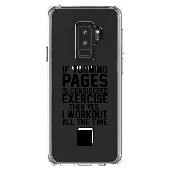 DistinctInk Clear Shockproof Hybrid Case for Samsung Galaxy S9  PLUS (6.2" Screen) - TPU Bumper Acrylic Back Tempered Glass Screen Protector - Turning Pages Considered Exercise I Workout