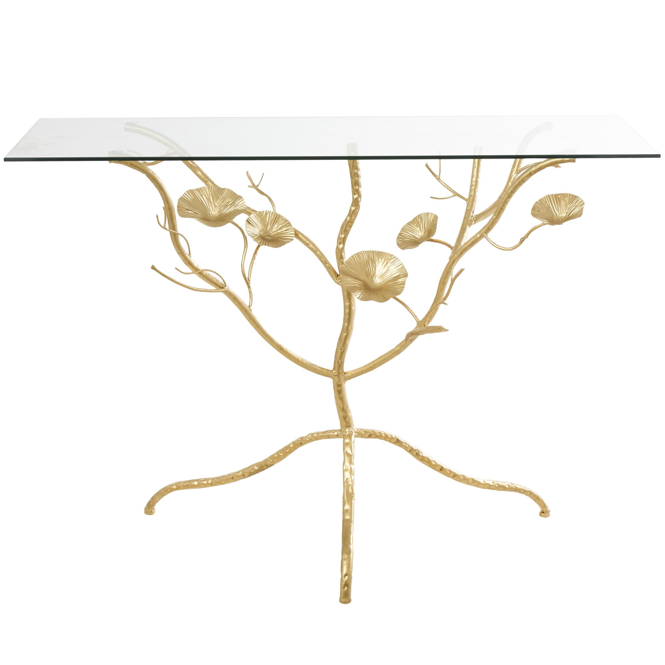 DecMode 43" x 32" Gold Metal Branch Floral Console Table with Tempered Glass Top, 1-Piece