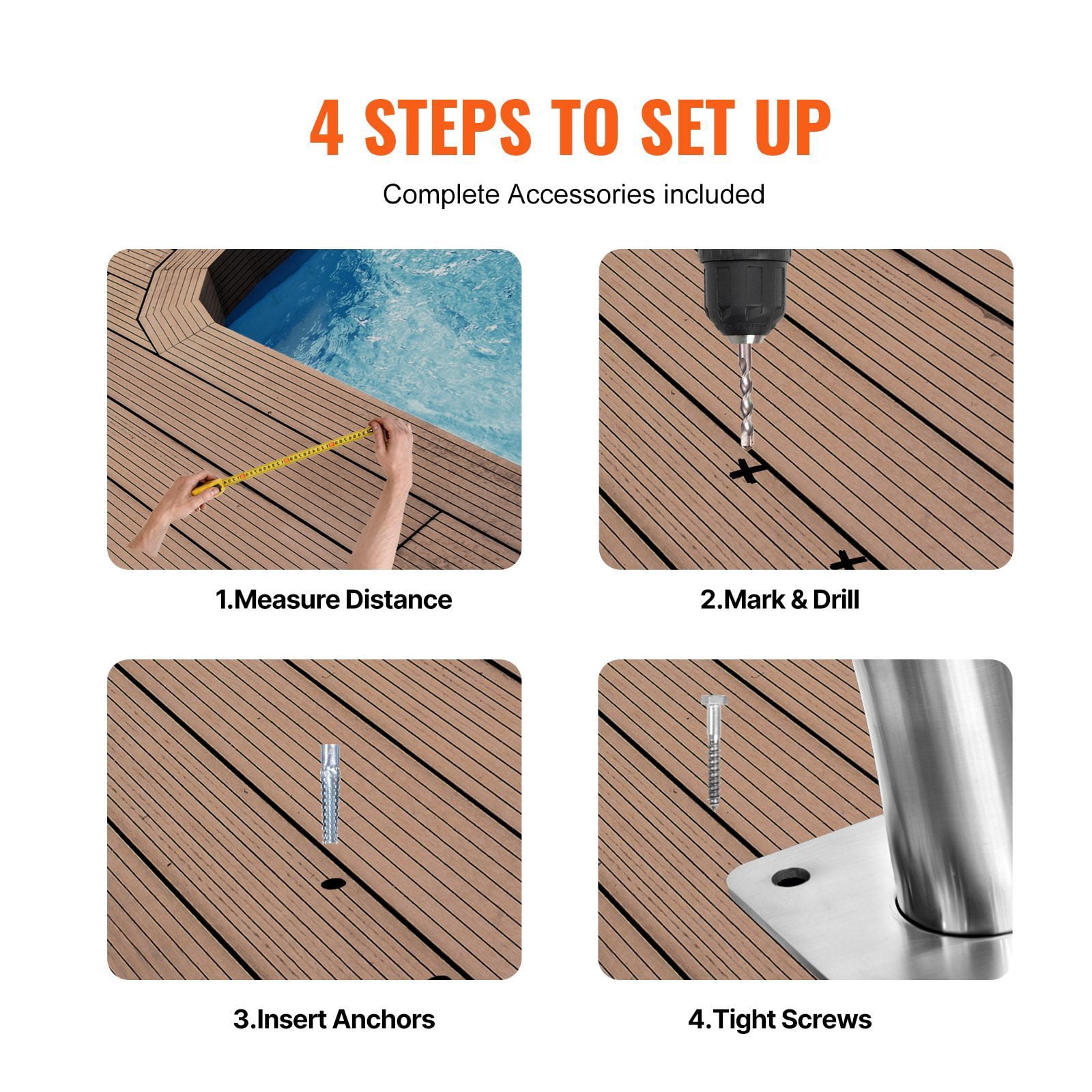 Pool Handrail, 39 x 32 inch Pool Railing, Stainless Steel with Base Plate for Indoor/Outdoor Pools,Swimming Pool Safety Railing for Decks,Rust-Proof Grab Bar w/ Grip Cover&Accessories for Spas