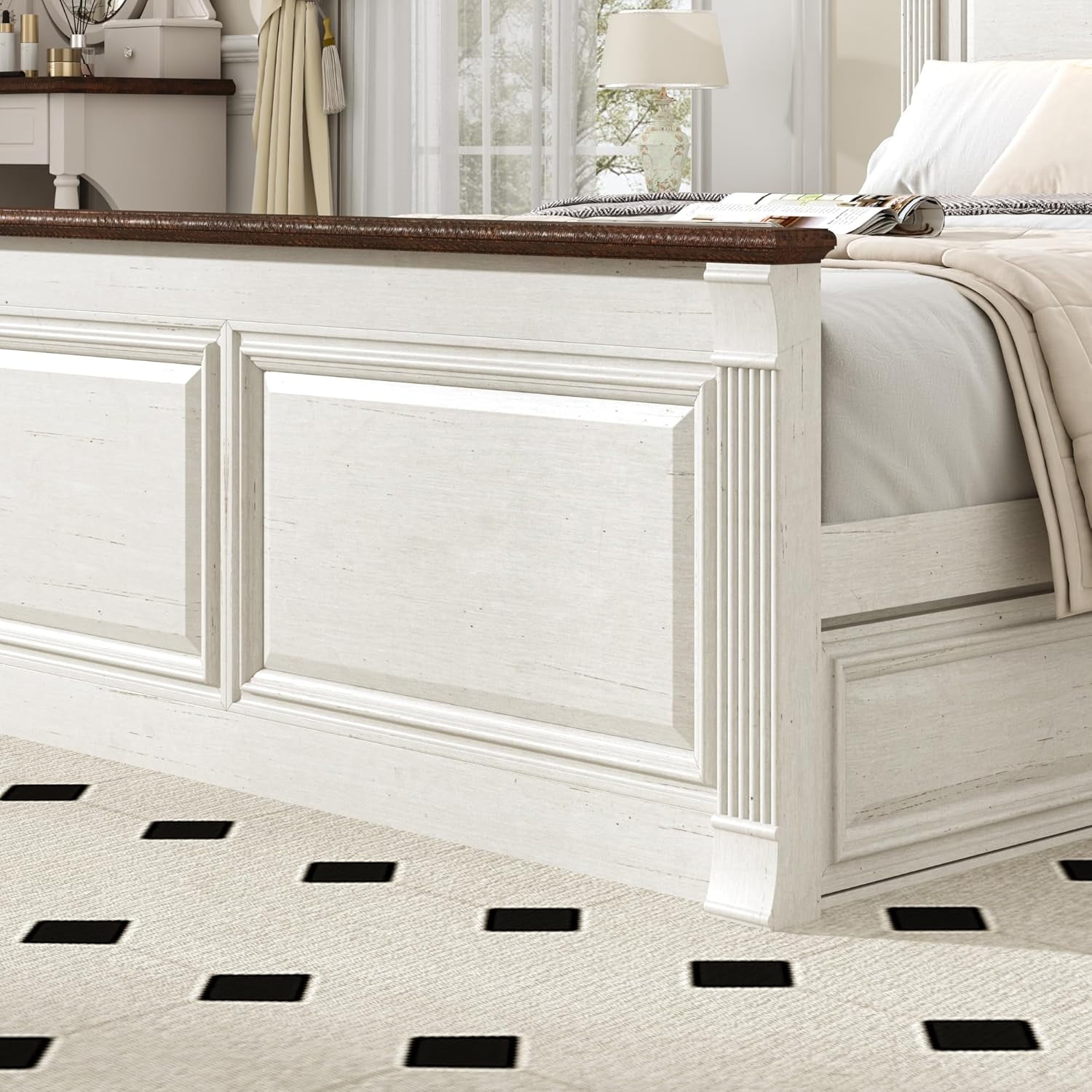 Blotout Farmhouse Queen Size Bed Frame with 55" Tall Storage Bookcase Headboard & 4 Drawers, Wood Platform Bed Frame with 24" Roman Colum Footboard, LED Light, Charging Station, No Box Spring Needed