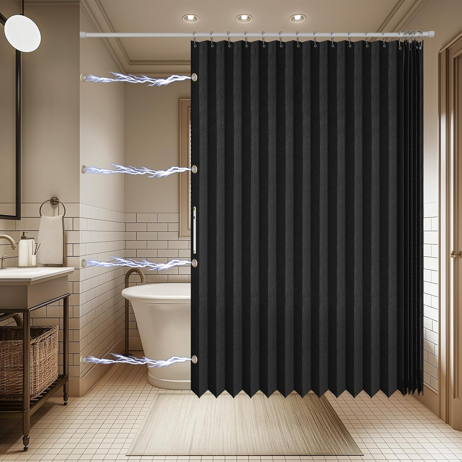 Magnetic Folding Shower Curtains Acordion Shower Curtain Fabric Polyester Waterproof Shower Curtains Suitable for Family Hotel Homestay Bathroom (Black,77" W x 72" L) 1 Panel
