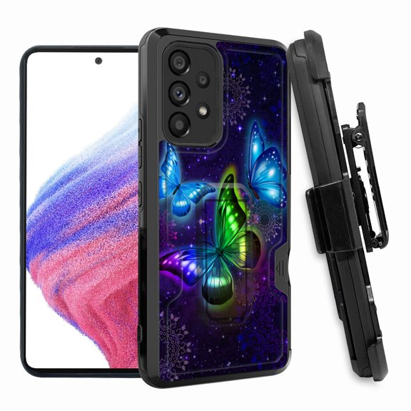 ANJ  Rugged Shockproof Hoster Case w/Card Slot, Kickstand   Tempered Glass Cover for Samsung Galaxy A33 5G - Twilight Butterfly