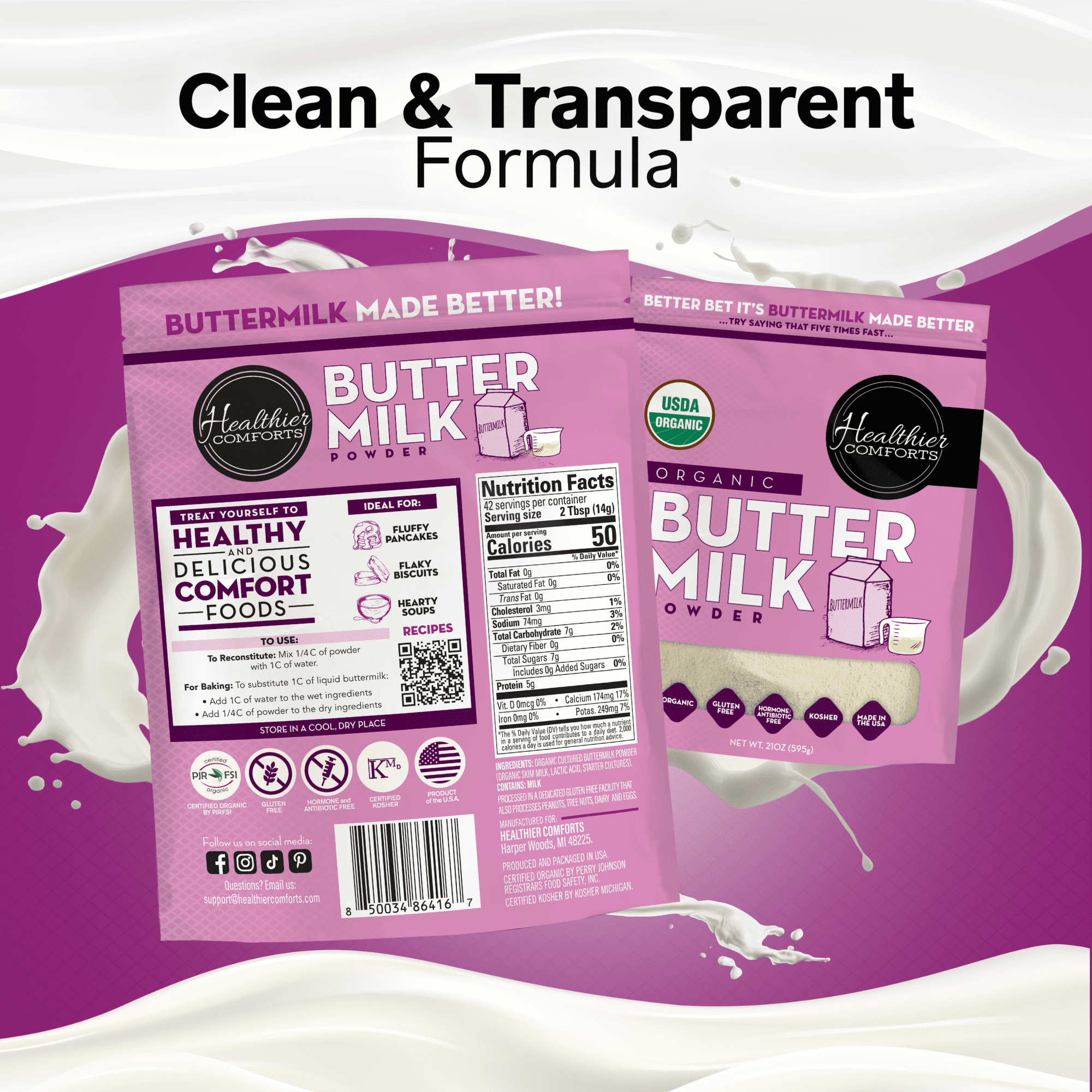 Healthier Comforts Organic Buttermilk Powder 21oz | USDA Certified, Kosher, Gluten Free, Non-GMO | Baking Supplies, Biscuits & Gravy, Mini Pancakes