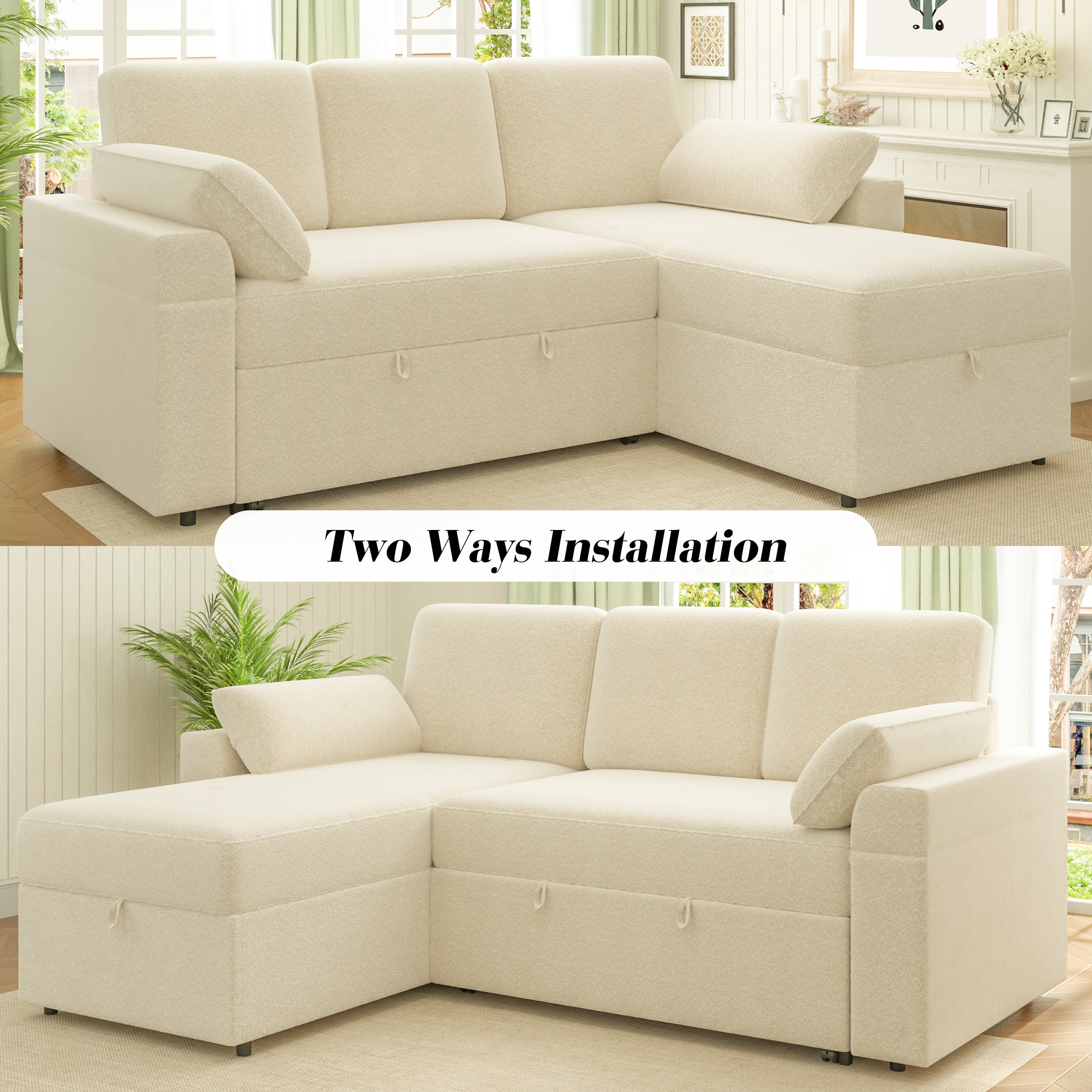VANACC Sleeper Sofa Bed with Foldable Armrests,Storage Chaise & 5" Cushions,Beige