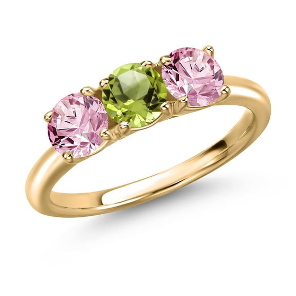 Gem Stone King 10K Yellow Gold Green Peridot and Pink Lab Grown Diamond Engagement Ring for Women | 1.55 Cttw | Round 5MM | Gemstone August Birthstone | Size 7