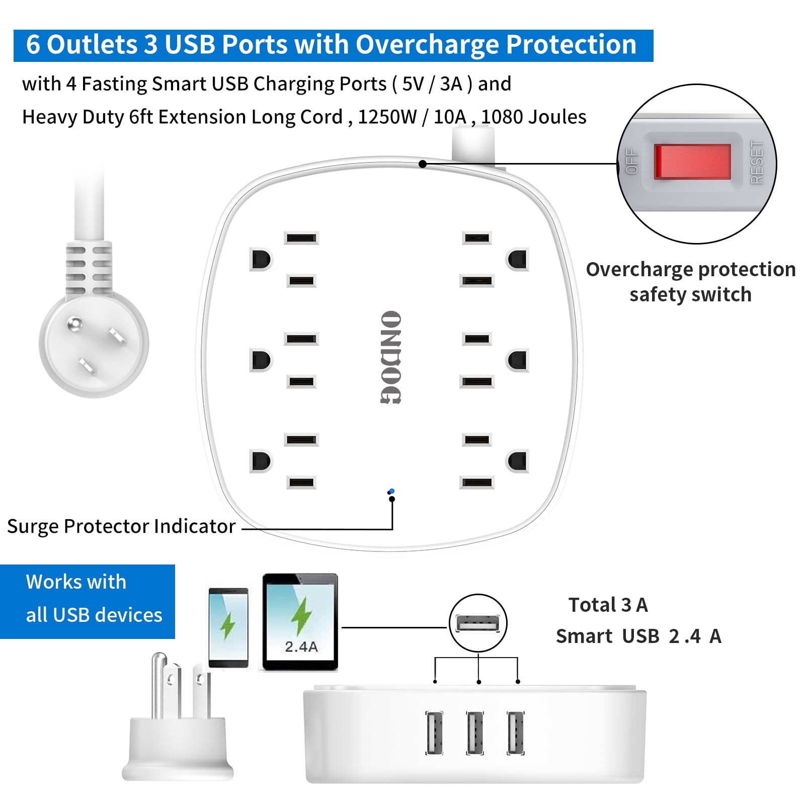 ONDOG 6ft Flat Plug Extension Cord- Power Strip Surge Protector with 6 Outlet Extender and 3 USB Ports, ETL Listed
