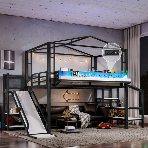 Bellemave Full Size Loft Bed with Slide and Staircase, Metal Loft Beds with USB Port and LED Light, House Bed Frame with Storage and Play Space (Full,Pink)