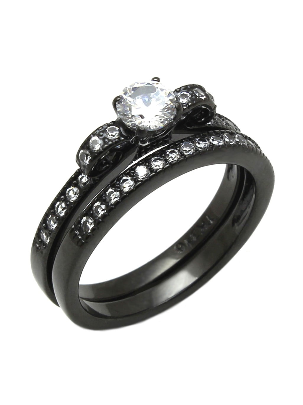 Womens 8x8mm Round Sapphire CZ Light Black IP Stainless Steel Wedding 3 Ring Set 