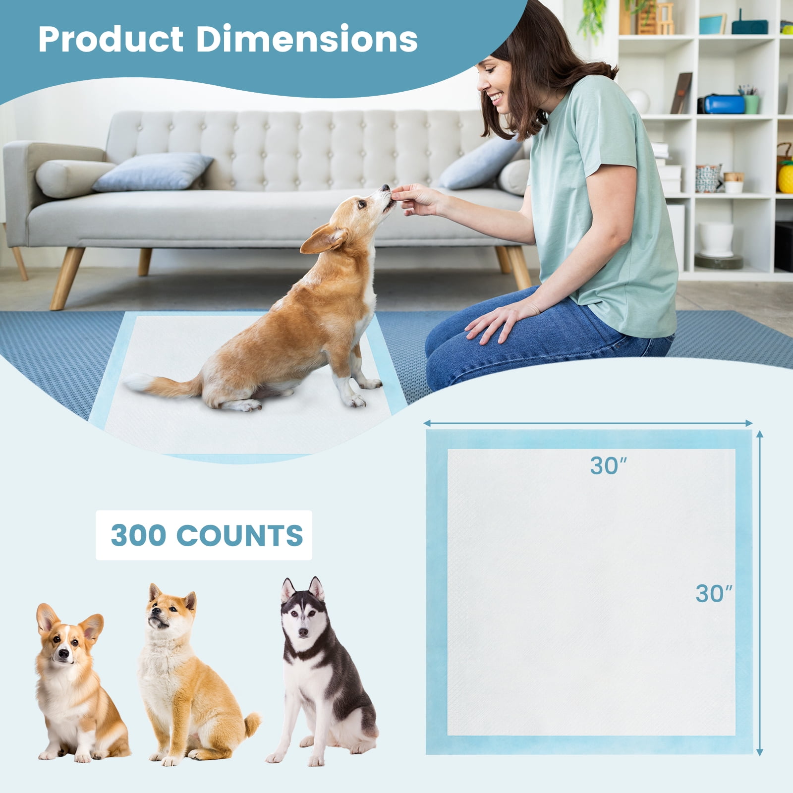 Gymax 30''x 30''(300 Counts) Dog Potty Training Pads Puppy Pee Pads w/ Quick-Drying