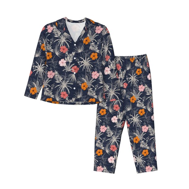 Balery Hawaiian Style Conjunto de Pijama con Estampado para Mujer, Conjunto de Dos Piezas con Manga Larga, Ropa de Dormir Suave con Bolsillos, Pijamas Cómodos-Medium