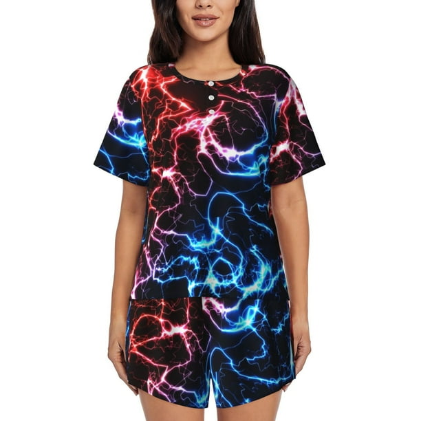 Fotbe Red And Blue Lightning Conjunto de Pijama Estampado para Mujer, 2 Piezas, Ropa de Dormir con Camiseta de Manga Corta y Shorts Suaves-Medium