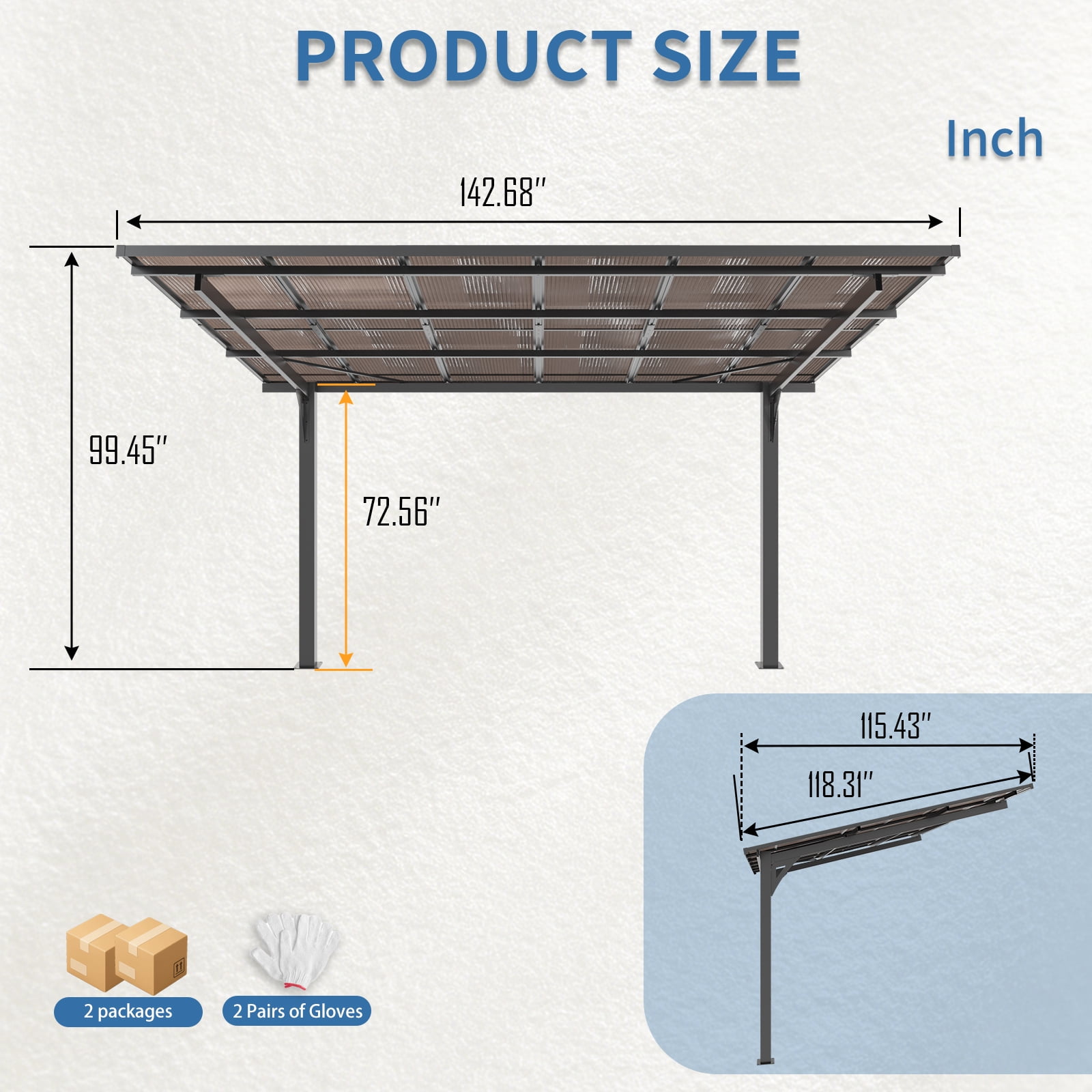 Mintazer 10x12ft Outdoor Wall-Mounted Patio Canopy, Heavy Duty Metal Awning with PC Roof, Freestanding Sun Shelter for Backyard, Bike, Grill & Patio Seating