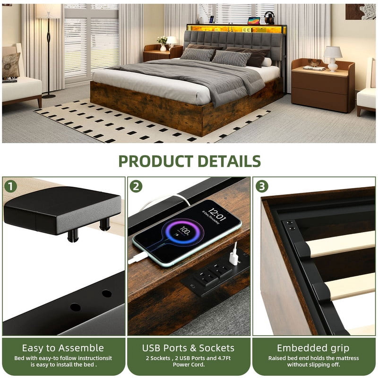 Uforic King Size Lift Up Bed Frame with Charging Station & RGB LED Lights, Upholstered Storage Bed, Noise Free, Rustic Brown