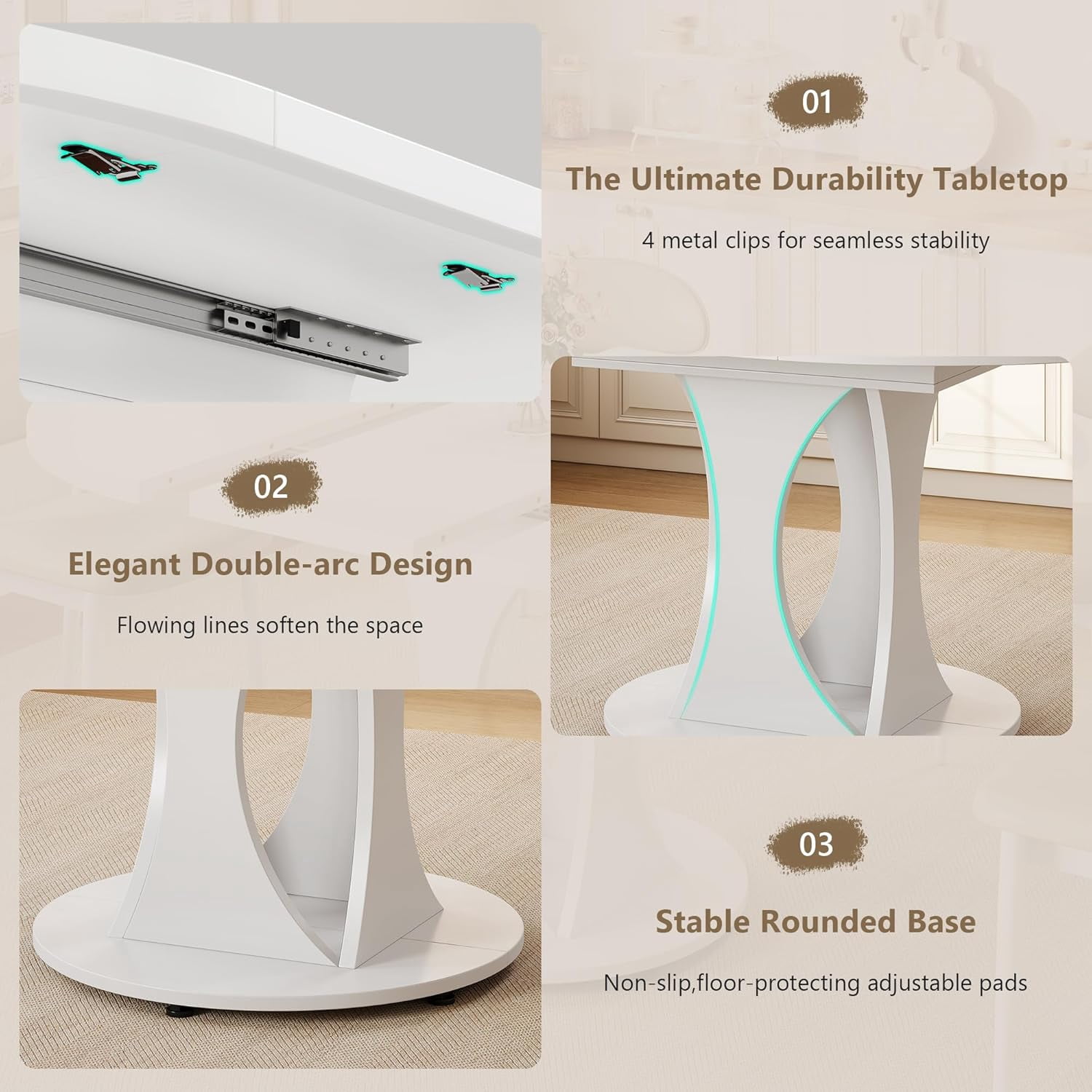 Virans 43.3"-59" Extendable Round Dining Table for 6-8,Kitchen Table with MDF,Modern Dinner Table for Dining Rooms,Living Rooms,White