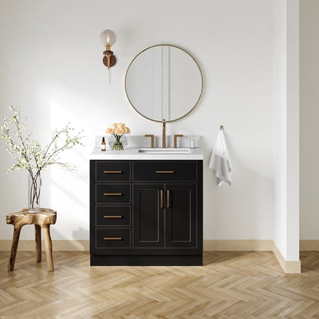 Ariel Hepburn 36 In. Right Offset Rectangle Sink Bathroom Vanity With Carrara White Quartz Countertop 1.5 Edge In Black