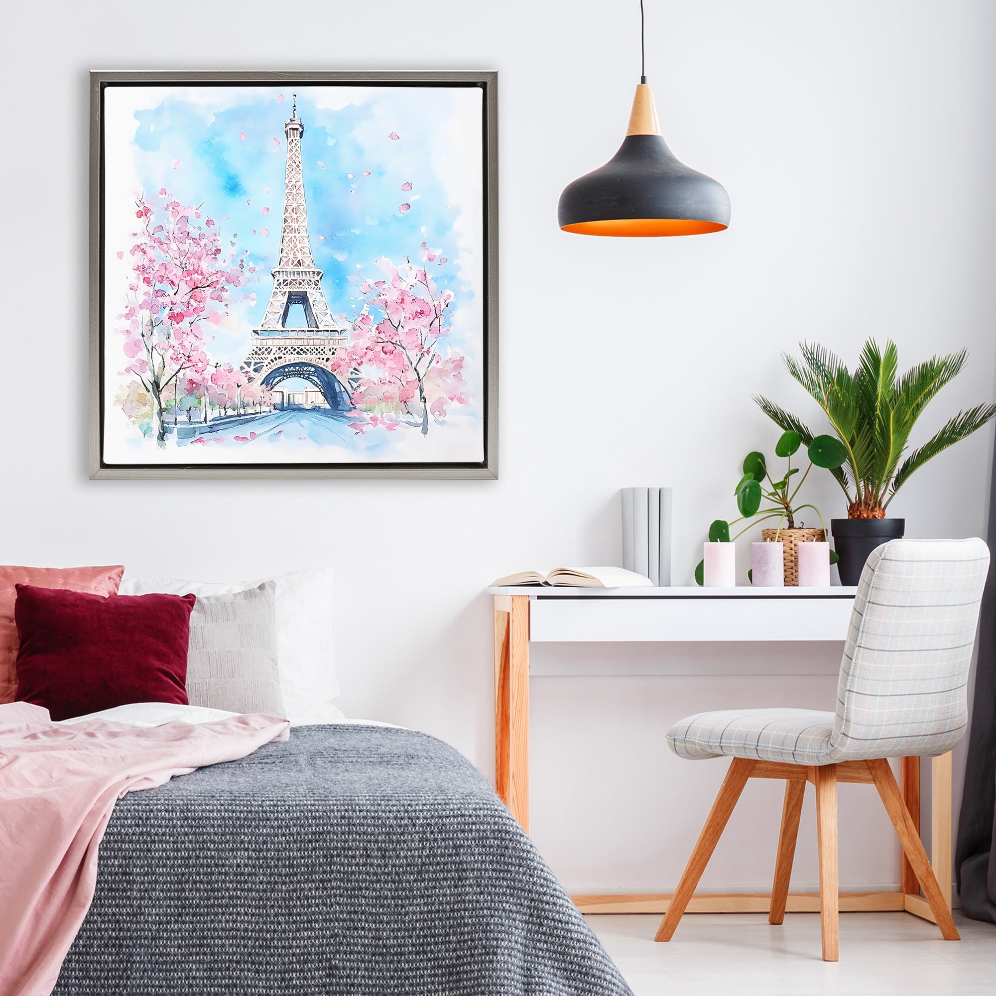 Stupell Industries Eiffel Tower Cherry Blossoms Gray Framed Floater Canvas Wall Art, design by Creative Studio