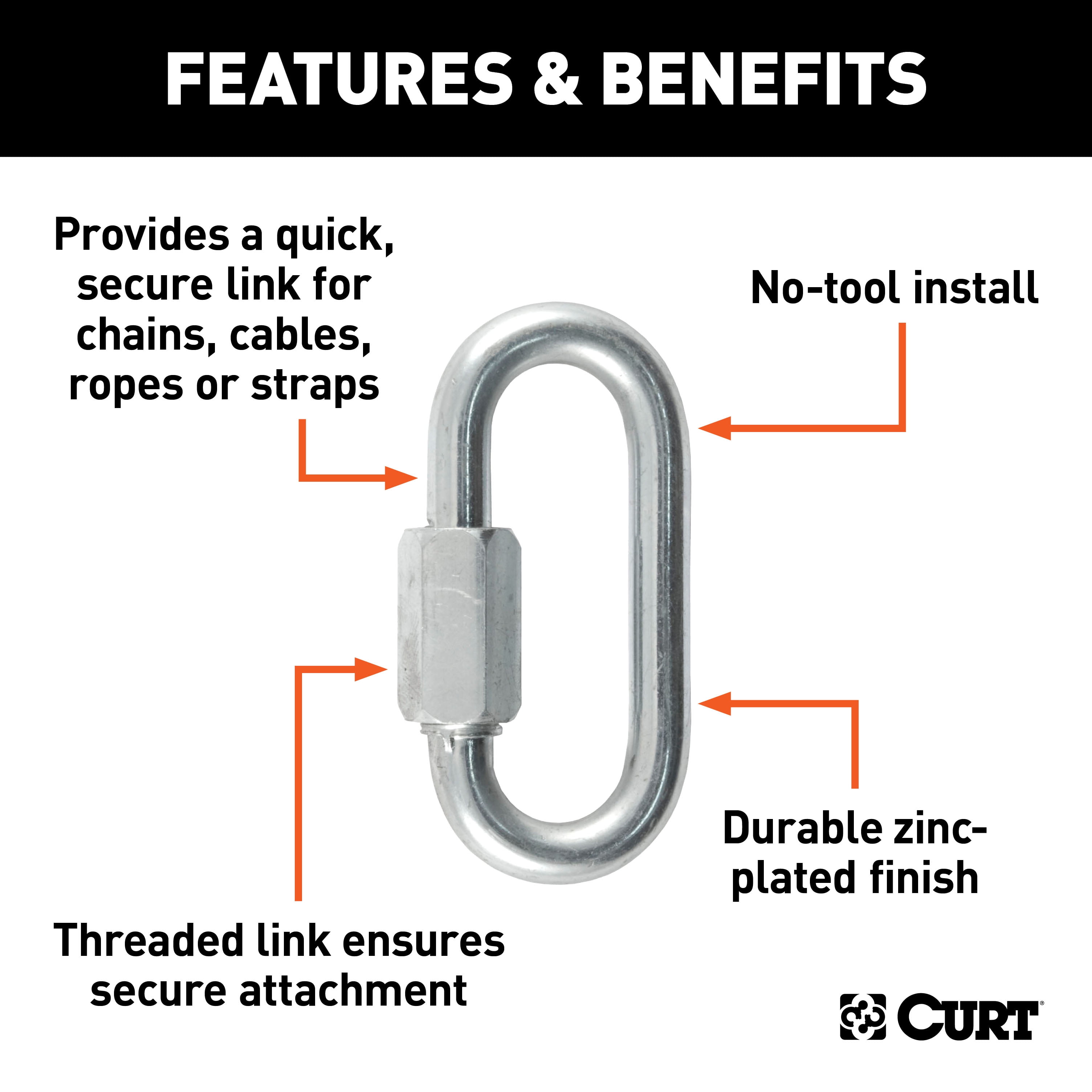 CURT 82900 Threaded Quick Link Trailer Safety Chain Hook Carabiner Clip, 5/16-Inch Diameter, 8,800 lbs Break Strength