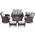 thumbnail image 3 of POCASSY 7 Pieces Fire Pit Table Set Patio Furniture with Glider Loveseat, All Weather Outdoor Conversation Set with Cushioned Patio Loveseat and Patio Swivel Chairs, Brown Wicker Beige Cushion, 3 of 18