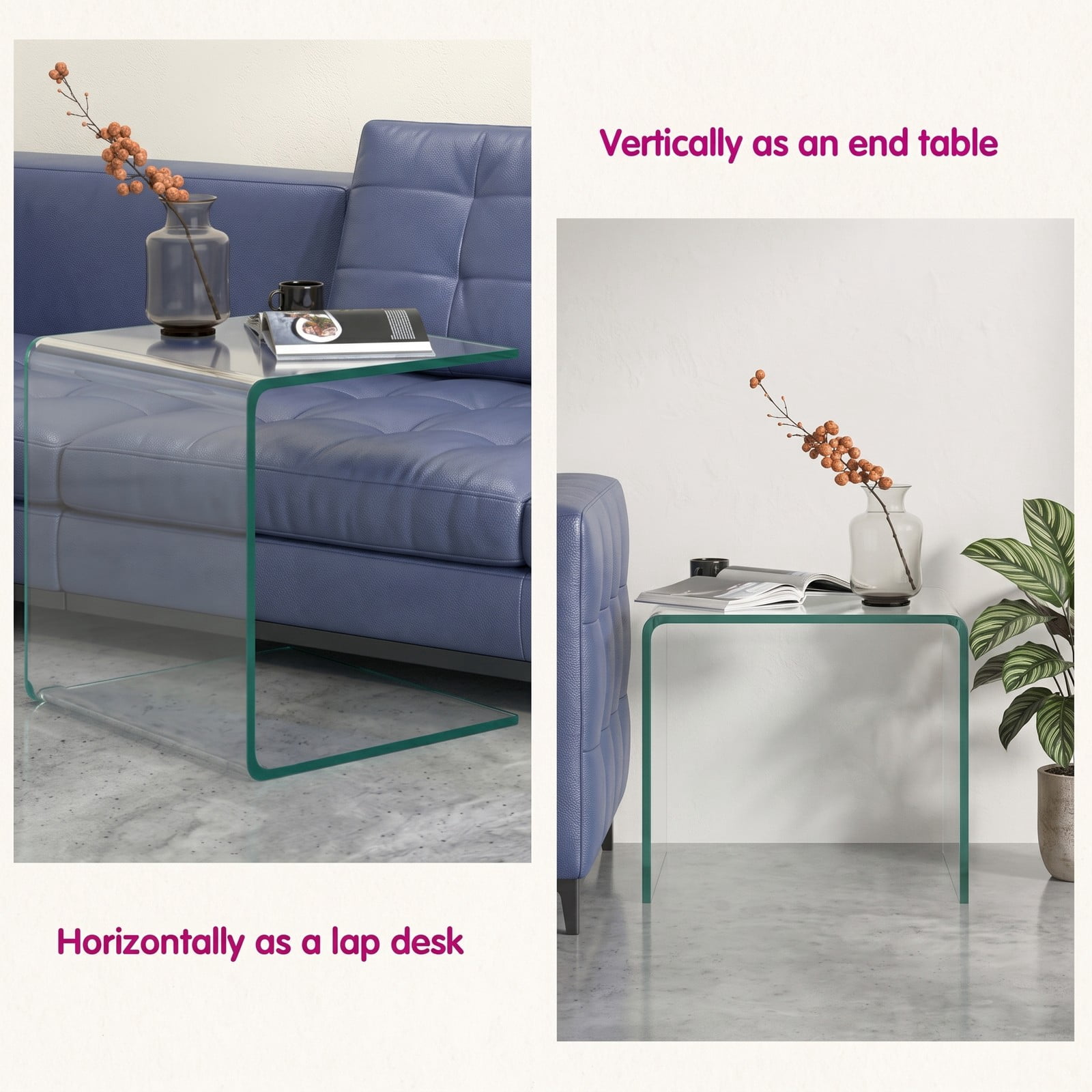 Furnibear 16 Inch Tempered Glass Waterfall End Table, Modern C-Shaped Side Table with Non-Slip Pads for Living Room Bedroom Office, 66 lbs Capacity, Clear Transparent