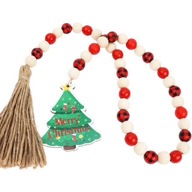 Guirnalda de cuentas de madera navideña con borlas, guirnalda rústica de cuentas de granja, decoración para colgar en la pared para Navidad (árbol de Navidad)