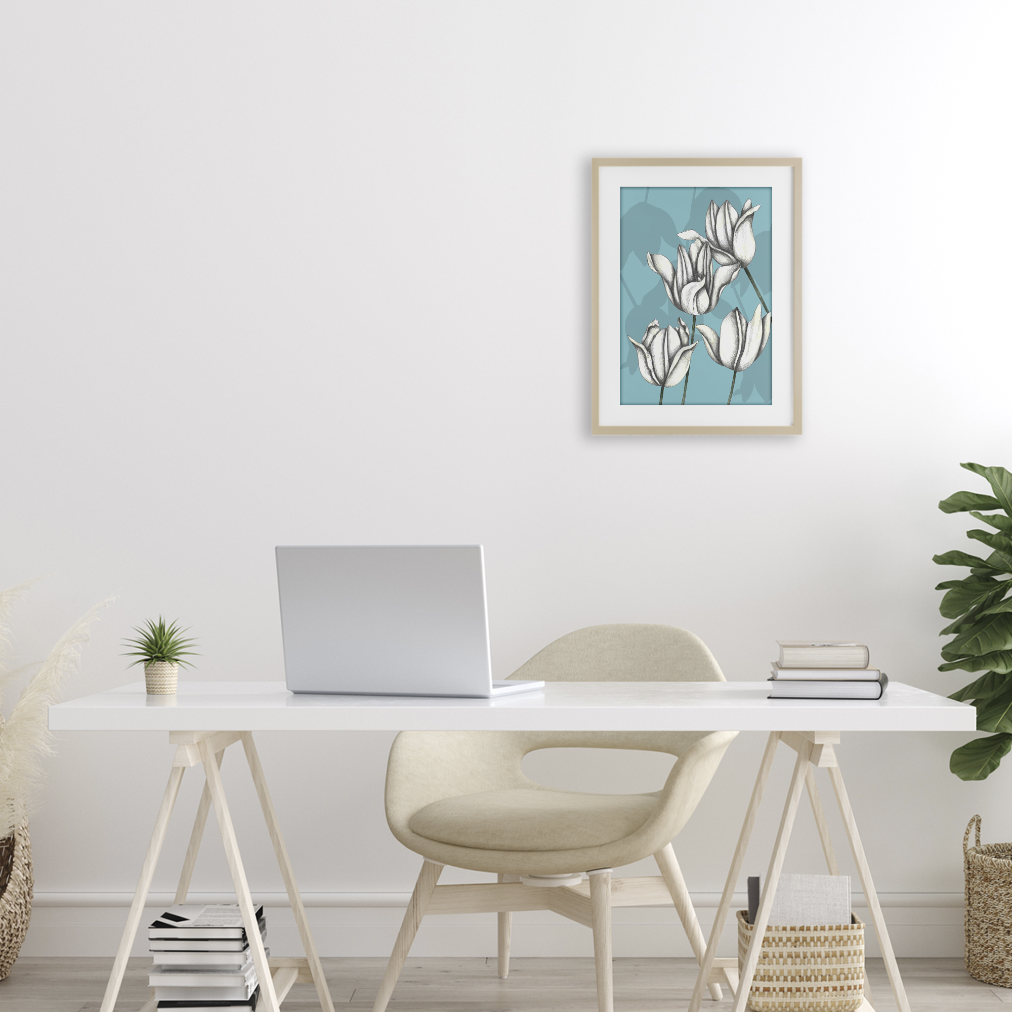 Sketched Tulips Keep Growing Birch Framed Print Under Glass, design by Cecilia Battaini