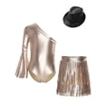 thumbnail image 3 of inlzdz Girls 3Pcs Groovy Jazz Dance Disco Outfit Metallic One Flared Sleeve Leotard with Tassel Skirt Sequin Hat Set Camel 8, 3 of 7