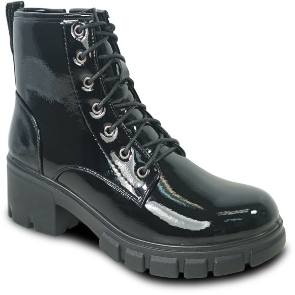 kozi Canada Women Ankle Casual Combat Bootie LEILA-6 Fall Boot Side Zipper Black Patent Shiny
