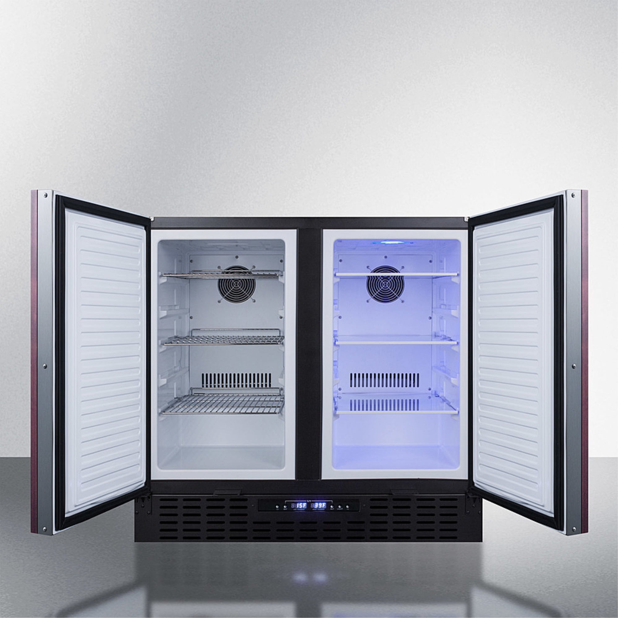 36" wide frost-free side-by-side undercounter refrigerator-freezer black cabinet, panel-ready doors, and digital controls