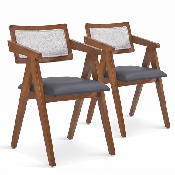 Furnibear Mid Century Modern Accent Chairs Set of 2, Upholstered Leathaire Armchair with Solid Rubber Wood Frame, Sherpa Backrest Living Room Bedroom Side Chair, Walnut