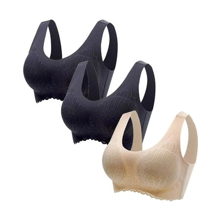 3-Pack Sports Bras for Women Solid Lace Pattern Casual Sticky Bra No Rims Breathable Softy Nursing Bra Vest Elegant Fitted Bras(2Black+Wheat L)