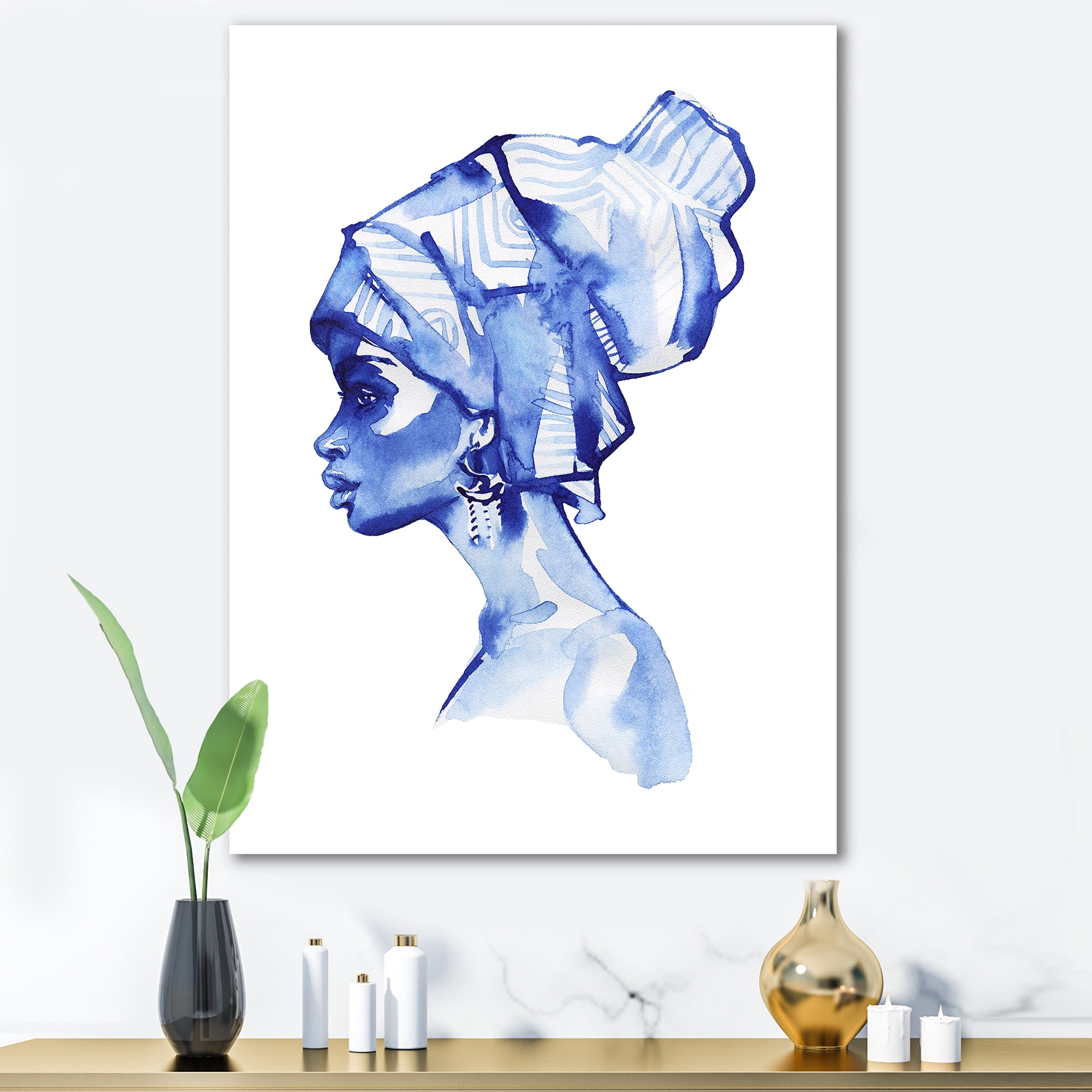 Afro American Woman Blue Fashion Portrait 30 in x 40 in Painting Canvas Art Print, by Designart