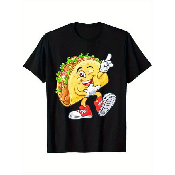 Camiseta de algodón con gráfico de tacos divertidos del Cinco de Mayo para hombre - Camiseta informal negra de manga corta con diseño de comida mexicana, estampado de dibujos animados y zapatillas roj