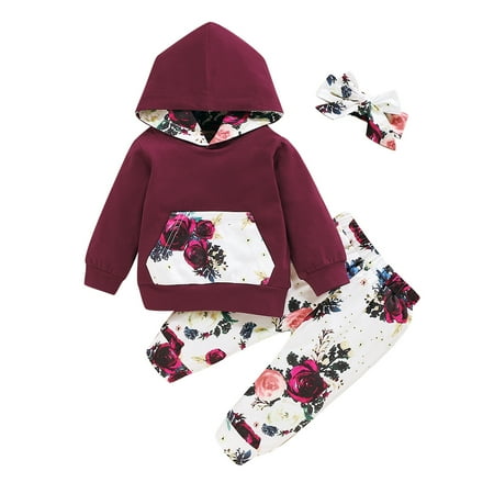 

NZRVAWS Newborn Baby Girls Outfits Long Sleeve Floral Print Pocket Hoodie Top +Floral Print Pants+Headband 3Pcs Clothes Set 3-6 Months Red