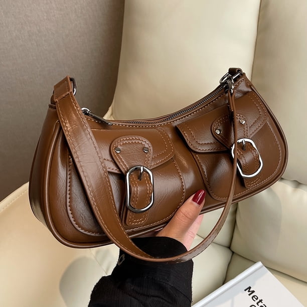 Bolso de hombro a la moda para mujer, bolso pequeño de cuero PU con bolsillos dobles, bolso Hobo elegante