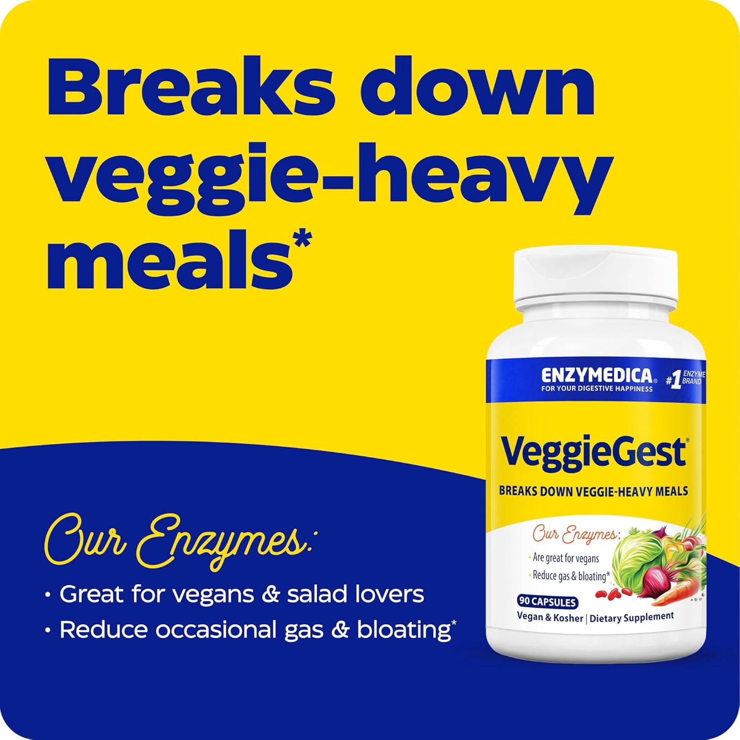 Enzymedica VeggieGest, Digestive Enzymes for Vegan, Vegetarian and Raw Diets, Prevents Gas and Bloating, 90 Capsules