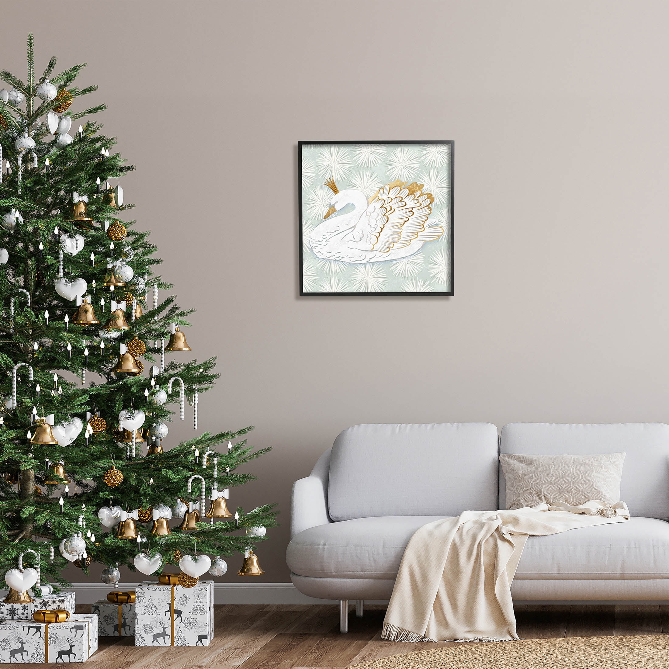 Winter Holiday Swan Pattern Holiday Graphic Art Black Framed Art Print Wall Art