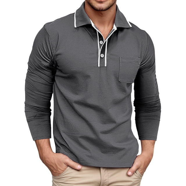 Adult Polo Tees for Men Long Sleeve Button Tee Shirt Lightweight Gray Men Clothes